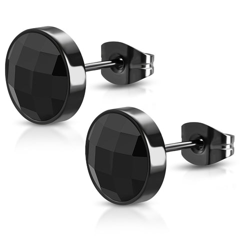 Black Stainless Steel Faceted Jet Black CZ Bezel-Set Midnight Illusion Round Circle Button Stud Post Earrings - Comfort Zone Studios
