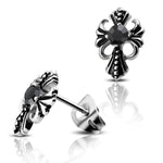 Stainless Steel Two-Tone Bali Style Fleur De Lis Floral Cross CZ Biker Stud Earrings - Comfort Zone Studios
