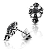 Stainless Steel Two-Tone Bali Style Fleur De Lis Floral Cross CZ Biker Stud Earrings - Comfort Zone Studios