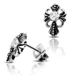 Stainless Steel Two-Tone Bali Style Fleur De Lis Floral Cross CZ Biker Stud Earrings - Comfort Zone Studios