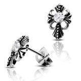 Stainless Steel Two-Tone Bali Style Fleur De Lis Floral Cross CZ Biker Stud Earrings - Comfort Zone Studios