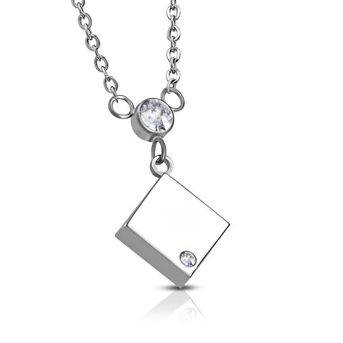 Stainless Steel Square Cube Bezel-Set CZ Charm Link Chain Necklace Pendant - Comfort Zone Studios