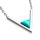 Stainless Steel Classic V Triangle Turquoise Stone Charm Link Chain Necklace Pendant - Comfort Zone Studios