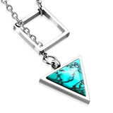 Stainless Steel Interlocking Square Triangle Turquoise Stone Charm Link Chain Necklace - Comfort Zone Studios