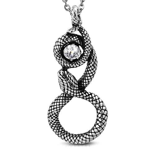 Stainless Steel Antique Vintage Spiral Serpent Loki Snake CZ Biker Necklace Pendant - Comfort Zone Studios