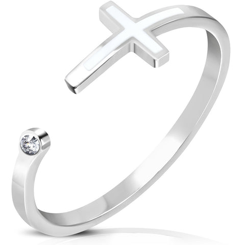 Stainless Steel Clear CZ 2-Tone Classic Cross Open Ring - Comfort Zone Studios