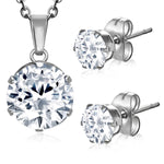 Stainless Steel Prong-Set Cubic Zirconia Round Circle Charm Chain Necklace &amp; Stud Earrings Set - Comfort Zone Studios