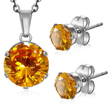 Stainless Steel Prong-Set Cubic Zirconia Round Circle Charm Chain Necklace &amp; Stud Earrings Set - Comfort Zone Studios