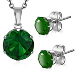 Stainless Steel Prong-Set Cubic Zirconia Round Circle Charm Chain Necklace &amp; Stud Earrings Set - Comfort Zone Studios