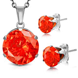 Stainless Steel Prong-Set Cubic Zirconia Round Circle Charm Chain Necklace &amp; Stud Earrings Set - Comfort Zone Studios