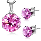 Stainless Steel Prong-Set Cubic Zirconia Round Circle Charm Chain Necklace &amp; Stud Earrings Set - Comfort Zone Studios