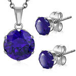 Stainless Steel Prong-Set Cubic Zirconia Round Circle Charm Chain Necklace &amp; Stud Earrings Set - Comfort Zone Studios