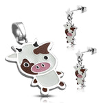 Stainless Steel Enameled Adorable Cow Pendant Charm &amp; Dangle Drop Earrings Set - Comfort Zone Studios