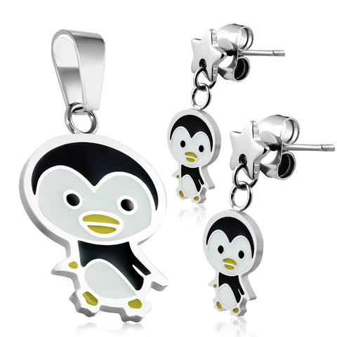 Stainless Steel Enameled Adorable Penguin Pendant Charm &amp; Dangle Drop Earrings Set - Comfort Zone Studios