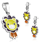 Stainless Steel Enameled Adorable Lion Cub Pendant Charm &amp; Dangle Drop Earrings Set - Comfort Zone Studios