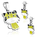 Stainless Steel Enameled Adorable Tiger Cub Pendant Charm &amp; Dangle Drop Earrings Set - Comfort Zone Studios