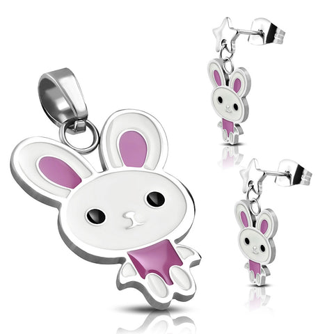 Stainless Steel Enameled Adorable Bunny Rabbit Pendant Charm &amp; Dangle Drop Earrings Set - Comfort Zone Studios