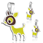 Stainless Steel Enameled Adorable Fawn Deer Pendant Charm &amp; Dangle Drop Earrings Set - Comfort Zone Studios