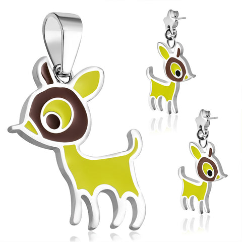 Stainless Steel Enameled Adorable Fawn Deer Pendant Charm &amp; Dangle Drop Earrings Set - Comfort Zone Studios