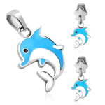 Stainless Steel Enameled Adorable Dolphin Pendant Charm &amp; Dangle Drop Earrings Set - Comfort Zone Studios