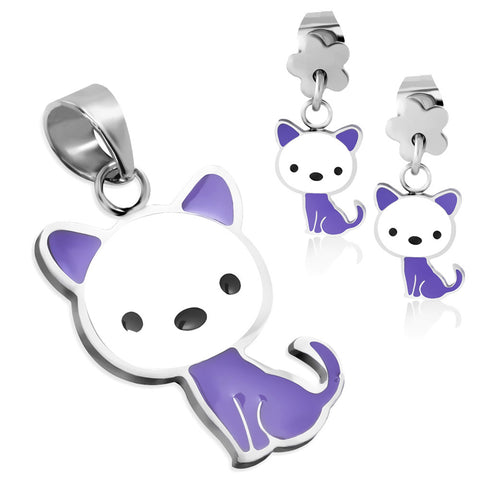 Stainless Steel Enameled Adorable Kitten Cat Pendant Charm &amp; Dangle Drop Earrings Set - Comfort Zone Studios