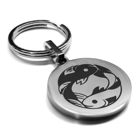 Stainless Steel Pisces Zodiac (Two Fishes) Round Medallion Keychain